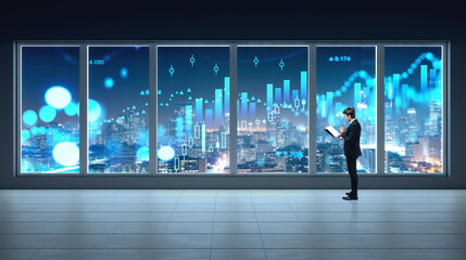Poster - Businessman near panoramic window and night cityscape, forex chart and analysis. Ai generative