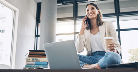 Aufkleber - Employee, laptop or phone call and sitting on desk in relax startup, marketing company or advertising business. Smile, happy or talking woman on mobile communication technology, laptop or books study