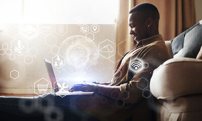 Fototapete - Digital app overlay, global computer infographics and black man working in living room. Online data hologram, cloud computing and information technology of a remote worker doing web research at home