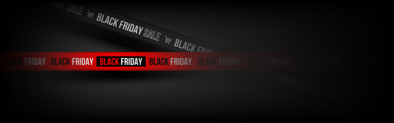 Black Friday Sale tape ribbon with Light on black background. Copy space. Vector illustration.