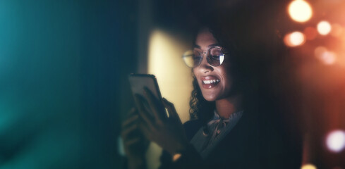 Aufkleber - Businesswoman, phone and communication at night for social media, chat or networking on dark background. Female employee smile holding smartphone working late for online planning strategy on mockup