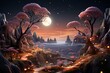 Hill with cartoon trees covered in twinkling fairy lights, Generative AI
