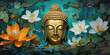 glowing 3d golden buddha and Abstract gold painted oil decorated with flowers