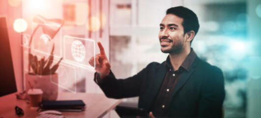 Fototapete - Man, office and night with finger by hologram overlay for web design, innovation and 3d ux for typing. Programming expert, holographic ui or website with smile, cloud computing or analysis for coding