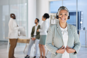 Senior woman, call center portrait and teamwork in blurred background with smile, happiness and planning. Happy crm consultant, customer service expert and tech support in modern office at night