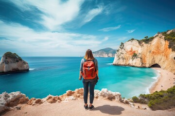 Wall Mural - Back view of young woman with backpack standing on cliff and looking at beautiful seascape, Young woman with backpack on the beach, Zakynthos island, Greece, AI Generated