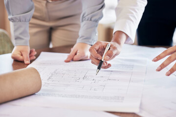 Poster - Team work, hands or architect drawing a blueprint or planning a real estate building or development in an office. Civil engineering, zoom or designers with vision of renovation or project management