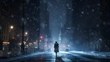 Fototapeta  - Solitary Figure Amidst Manhattan Snowfall: An Enchanting Evening