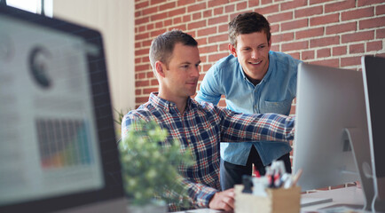 Poster - Computer, SEO questions or manager helping reading or coaching a worker in startup or group project. Leadership, faq or employee asking, talking or speaking to a man in a digital marketing agency
