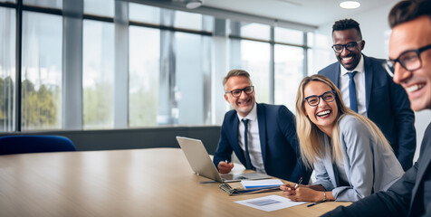 Coworkers laughing in a brightly lit office wearing glasses