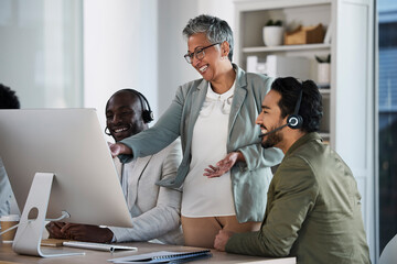Aufkleber - Business people, call center and CEO coaching staff for telemarketing or customer service at the office. Happy senior woman coach helping consultants in marketing, sales or contact us at workplace