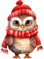 Wall Mural - Watercolor Christmas Owl with Santa Hat, Isolated and Cute