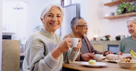 Wall Mural - Portrait, tea party and a group of senior people in the living room of a community home for a social. Friends, smile or retirement with elderly men and women together in an apartment for a visit