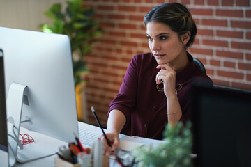 Aufkleber - Business woman, computer and writing of employee with web design notebook planning. Digital designer, working and worker reading data at a office desk with ideas for website and project for company