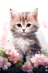  Cute watercolor gray kitty and flowers on a white background. Postcard with animals and flowers.