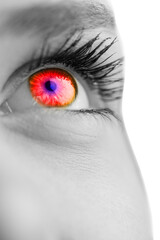 Poster - Digital png illustration of woman's red and purple eye on transparent background