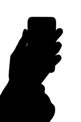 Poster - Digital png silhouette of hand holding smartphone on transparent background