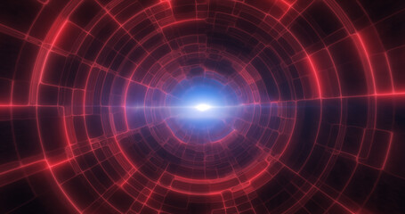 Poster - Red energy tunnel with glowing bright electric magic lines scientific futuristic hi-tech abstract background
