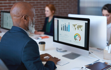 Analysis, data and black man on a computer for finance, global economy and information on world growth. Planning, reading and African businessman working on stats and graph for financial report