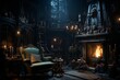 Interior of Dracula castle, victorian living room with table, sofa and lounge chairs by candlesticks