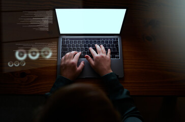 Poster - Night, mockup and hands of woman with laptop with overlay for cyber security, software and future from above. Planning, database and chart with employee typing for technology, digital and internet
