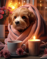 A cute dog in a cosy room with blanket