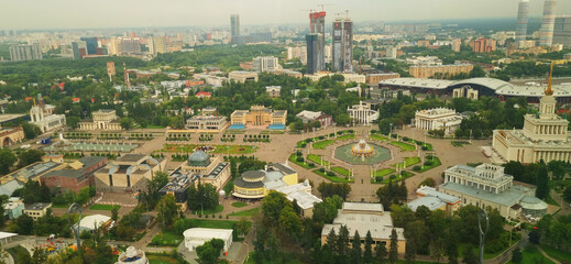 Wall Mural - Moscow, Russia - 08.08.2023 -Areal view of Exhibition of Achievements of National Economy site, known as VDNKH. City