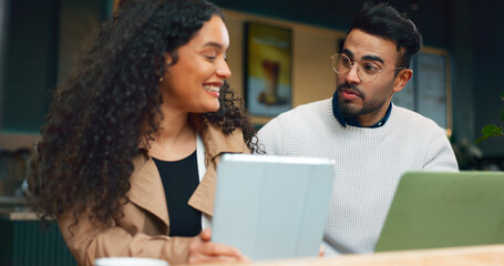 Canvas Print - Coworkers, laptop and remote work with tablet, working and technology for business, strategy and smile. Coffee shop, meeting and brainstorming for project, woman and man in partnership, online or job