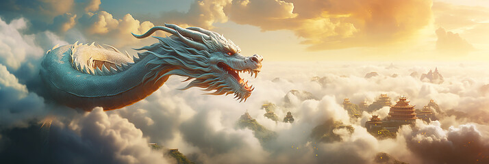 chinese dragon flying among clouds