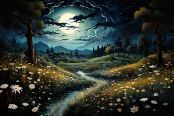 Poster - Serene Moonlit Meadows - Generative AI