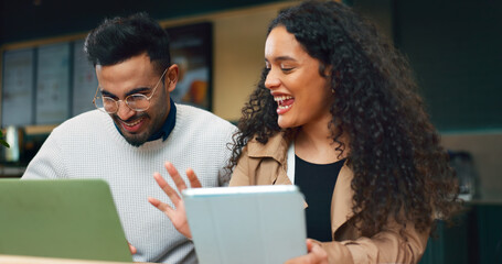 Aufkleber - Coworkers, laptop and remote work with tablet, cafe and technology for business, strategy and planning. Conversation, meeting and brainstorming for project, woman and man in partnership, happy or job