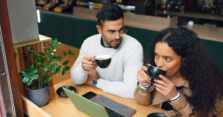 Aufkleber - Coworkers, laptop and remote work with coffee, working and technology for business, strategy and planning. Cafe, meeting and brainstorming for project, woman and man in partnership, listening and job