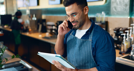Poster - Phone call, restaurant or barista on tablet for small business logistics, social media update or sale. Manager, listen or Indian man reading on technology app for coffee shop order in cafe startup