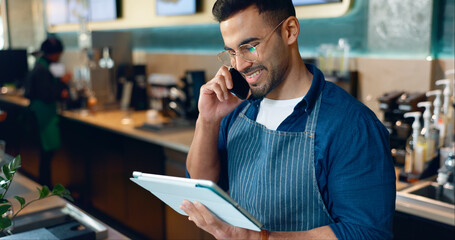 Poster - Phone call, restaurant or manager on tablet for small business logistics, social media update or sale. Barista, listen or happy man reading on technology app for coffee shop order in cafe startup
