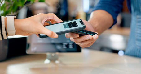 Aufkleber - Cashier, customer and phone for POS machine for restaurant fintech, digital payment and easy checkout services. Barista or people hands at point of sale counter with mobile app tap or scan at cafe