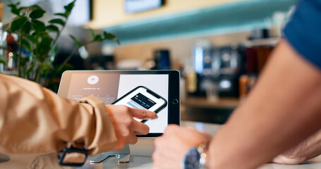 Aufkleber - Hands, phone and pos in restaurant, payment and fintech app with digital credit card, deal and services in store. People, smartphone and machine for point of sale, banking and tablet in coffee shop