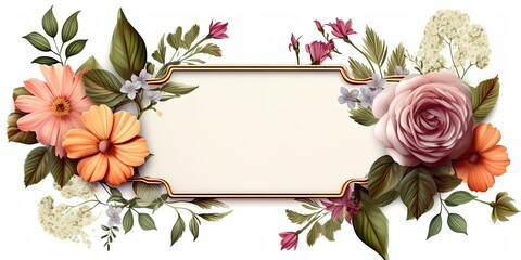 Wall Mural - Botanical romance. Floral frame on white background with vintage elegance. Spring garden delight. Design for romantic invitations. Elegant  for postcards