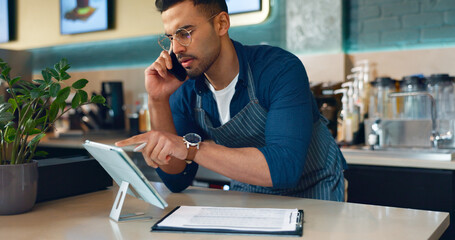 Aufkleber - Business owner, phone call and tablet for restaurant, cafe order or catering logistics in startup. Supply chain checklist, manager or man in mobile communication for stock inventory in coffee shop