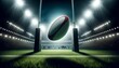 AI illustration of a rugby ball soaring through the air over a field illuminated by stadium lights