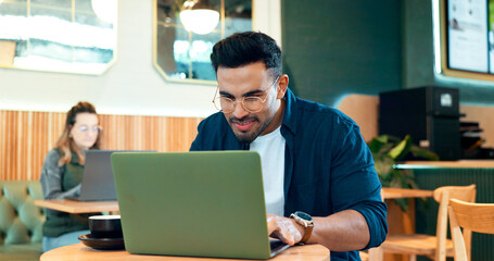 Poster - Cafe, thinking and man with laptop, typing and connection with inspiration, copywriting and planning. Person, freelancer and entrepreneur with pc, coffee shop or project with company website or email