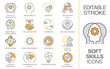 Soft skills icons, such as ability, teamwork, problem solving, empathy and more. Editable stroke.