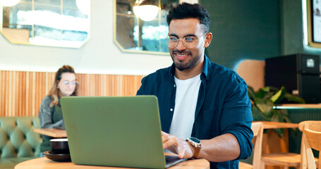 Poster - Coffee shop, internet and man with a laptop, typing and connection with website, startup and planning. Person, freelancer and entrepreneur with a pc, cafe or project with copywriting or digital app