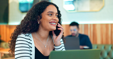 Poster - Woman, phone call and happy in cafe for remote work, communication or networking for business. Face, person and smile with smartphone in coffee shop for copywriting, conversation and freelancer