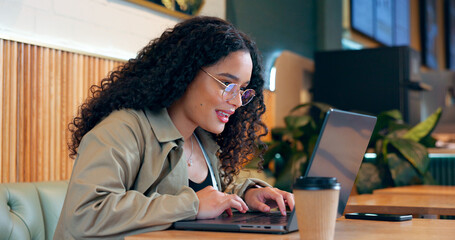 Poster - Cafe, thinking and woman with a laptop, typing and connection with inspiration, ideas and planning. Person, freelancer and entrepreneur with a pc, coffee shop or project with company website or email
