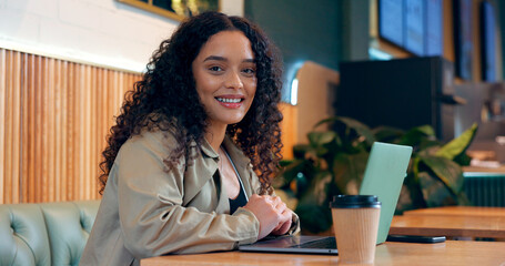 Poster - Woman, portrait and laptop in cafe for remote work, research or networking for business with smile. Face, person and happiness with technology in coffee shop for copywriting, internet and freelancer