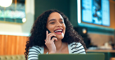 Poster - Woman, phone call and happy in cafe for remote work, communication or networking for business with smile. Face, person and talking with smartphone in coffee shop for copywriting, chat and freelancer