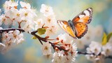 Fototapeta Natura -  a close up of a butterfly on a branch of a tree with white flowers in the foreground and a blue sky in the background.  generative ai