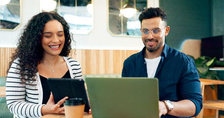 Poster - Partners, laptop and remote work with tablet, coffee shop and tech for company, strategy and plan. Working, coworkers and discussion for project, woman and man in business meeting, smile and typing