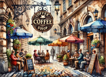 Vintage 'COFFEE SHOP' Sign Outside European Cafe With Patrons Under Umbrellas