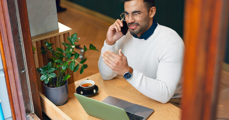 Poster - Man, phone call and remote work in cafe with smile for communication, networking and research with laptop. Journalist person, computer and smartphone for contact, coffee shop or negotiation for story